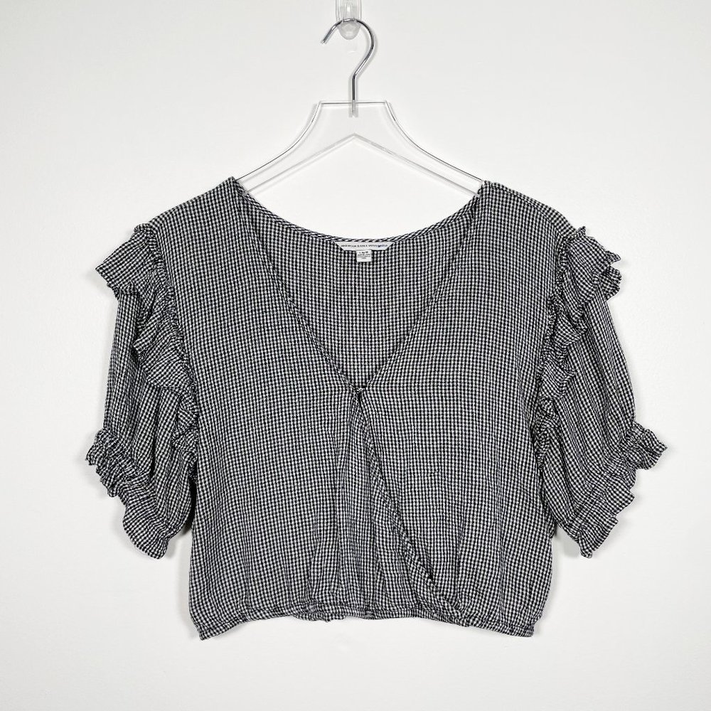 American Eagle Black White Gingham Knit Ruffle Cropped Blouse L